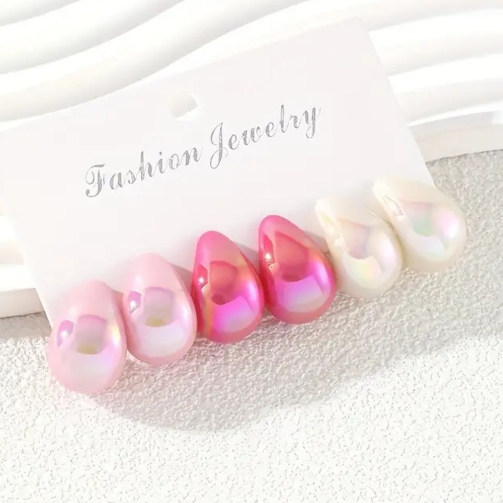 #8 3 Pairs Macaron Color Hot Water Drop Earrings, Stainless Steel Pots